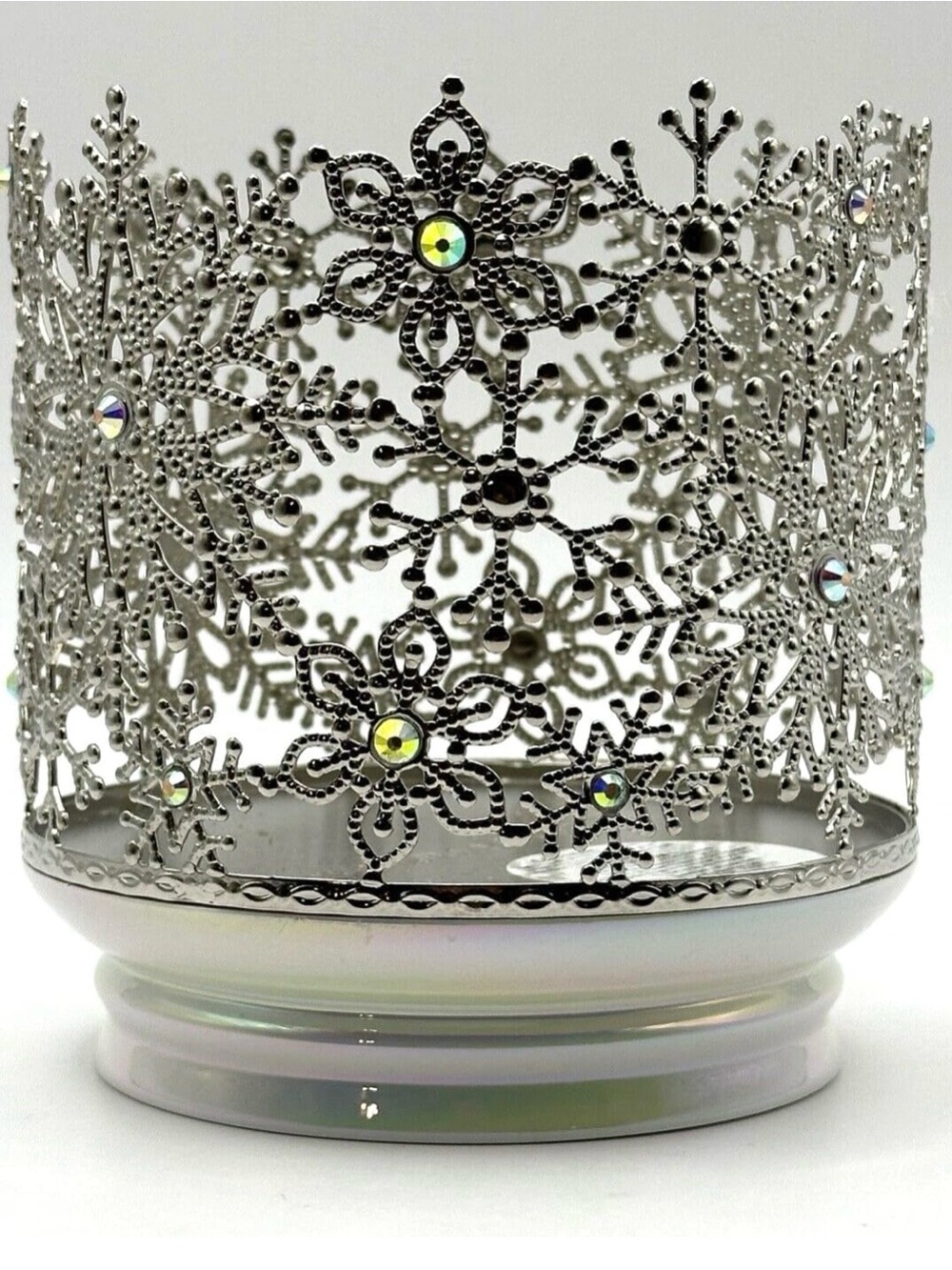 Bath & Body Works Candle Holder 3-Wick JEWELED SNOWFLAKE ON IRIDESCENT BASE